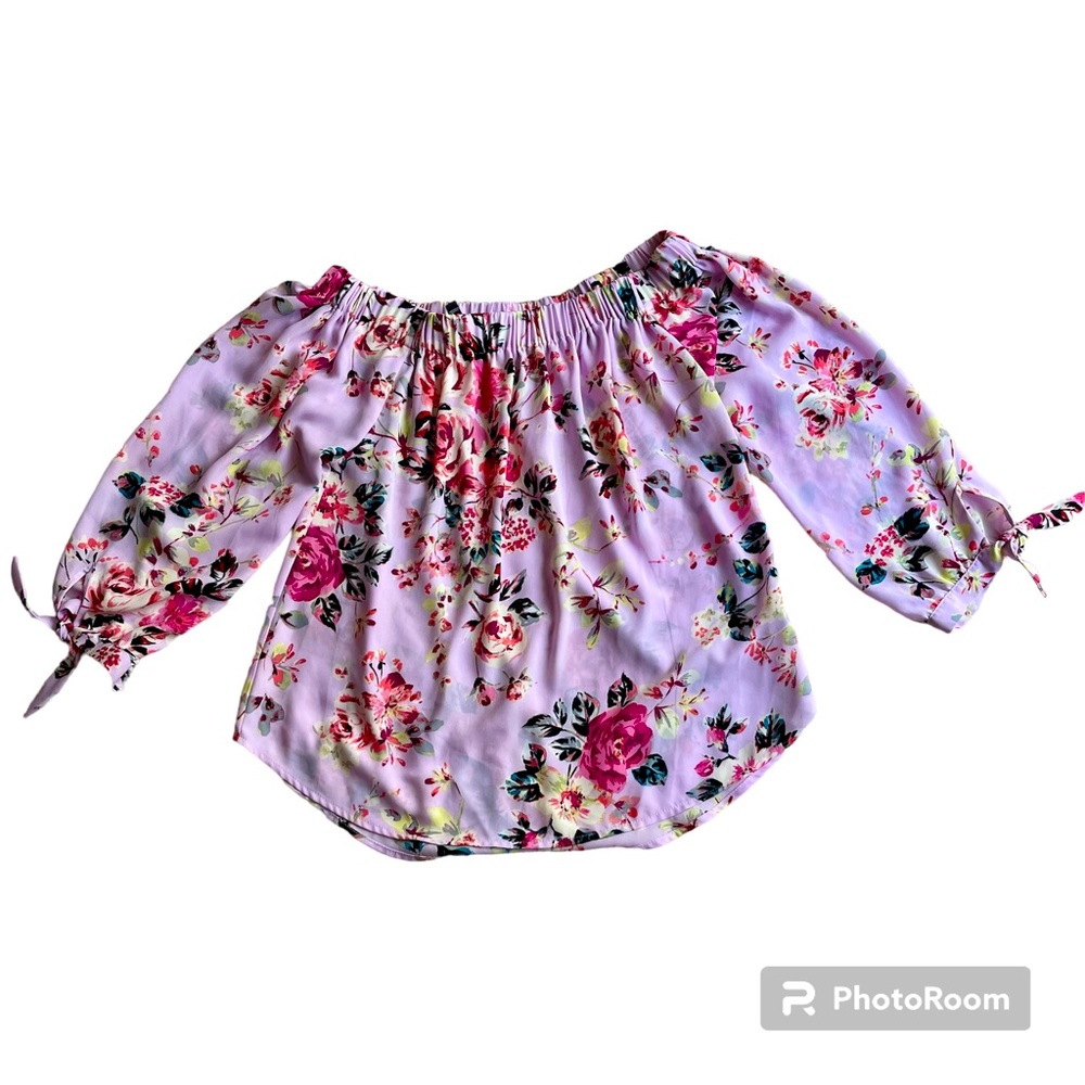 Express Medium Purple Pink Floral Off the Shoulder Top with Tied 3/4 Sleeve